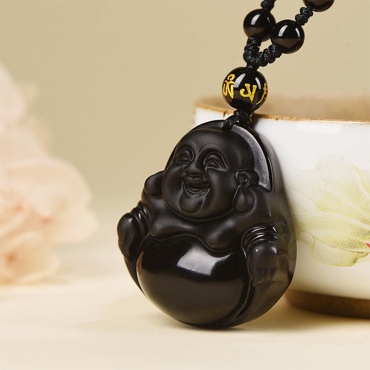 Buddha Stones Ossidiana nera naturale Ossidiana di ghiaccio Buddha che ride Collana pendente di purificazione
