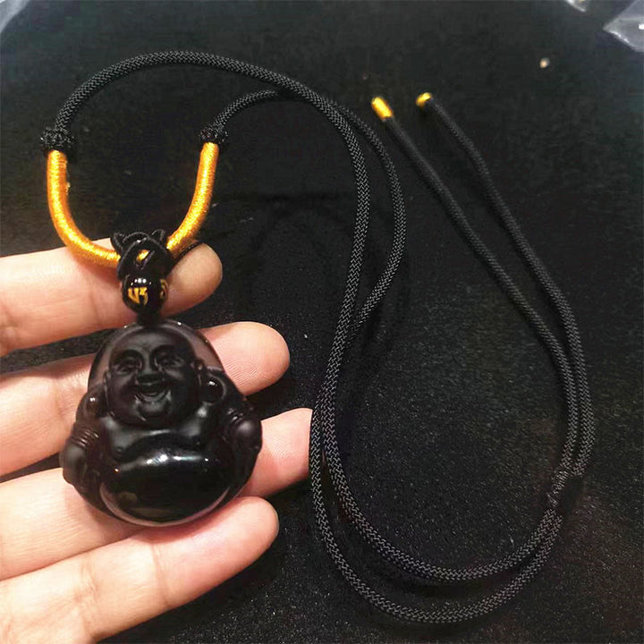 Buddha Stones Ossidiana nera naturale Ossidiana di ghiaccio Buddha che ride Collana pendente di purificazione