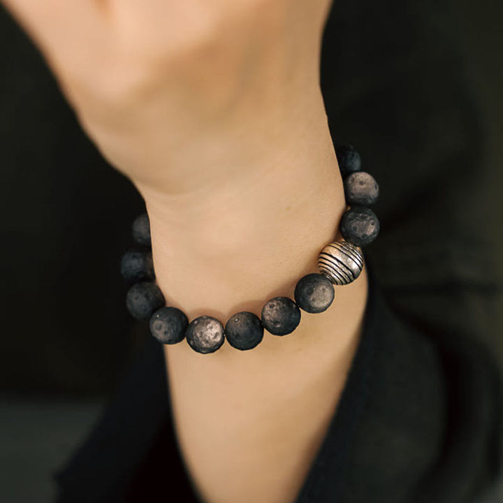 Braccialetto di protezione in meteorite lunare con ossidiana lucida in argento naturale Buddha Stones