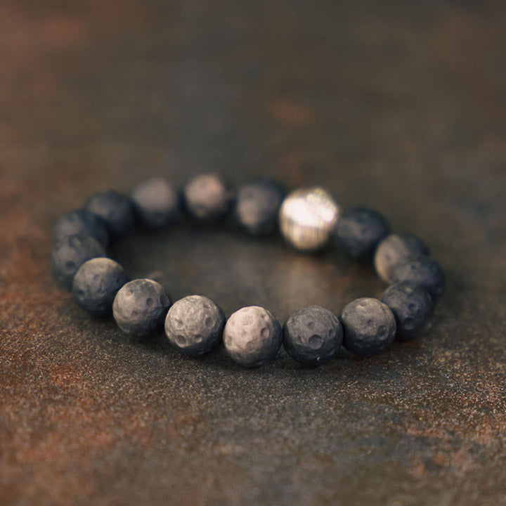 Braccialetto di protezione in meteorite lunare con ossidiana lucida in argento naturale Buddha Stones