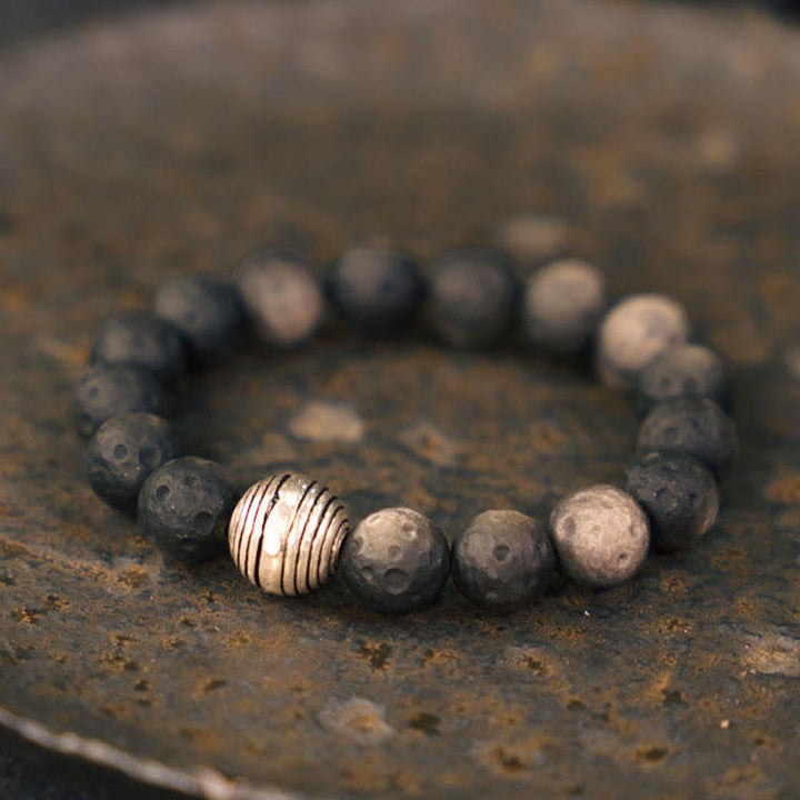Braccialetto di protezione in meteorite lunare con ossidiana lucida in argento naturale Buddha Stones