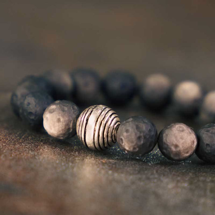 Braccialetto di protezione in meteorite lunare con ossidiana lucida in argento naturale Buddha Stones