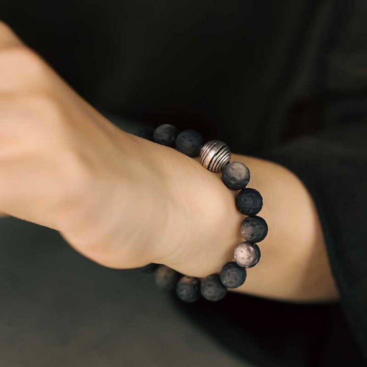 Braccialetto di protezione in meteorite lunare con ossidiana lucida in argento naturale Buddha Stones