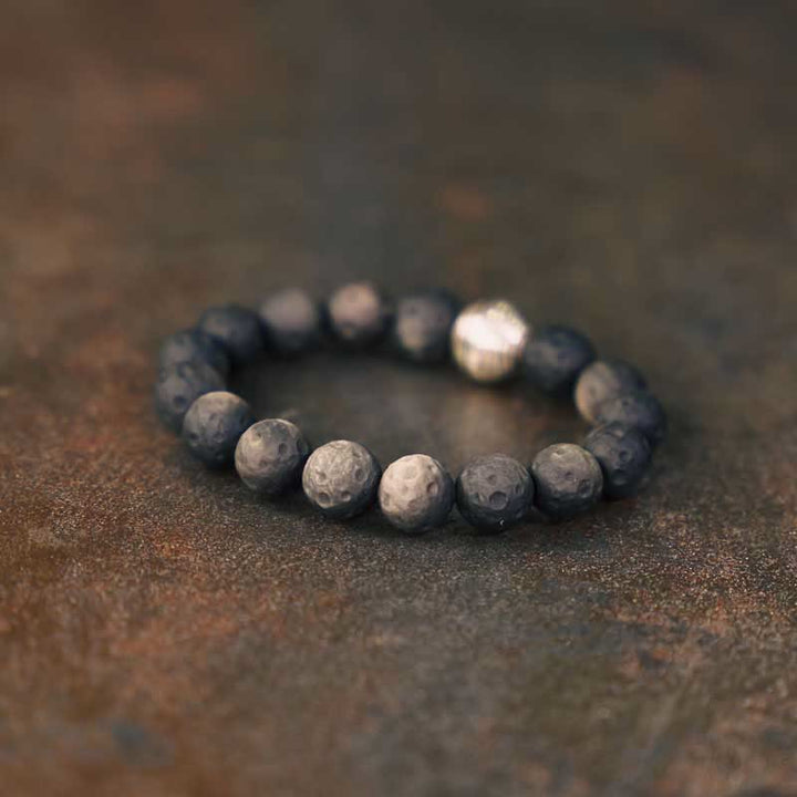 Braccialetto di protezione in meteorite lunare con ossidiana lucida in argento naturale Buddha Stones