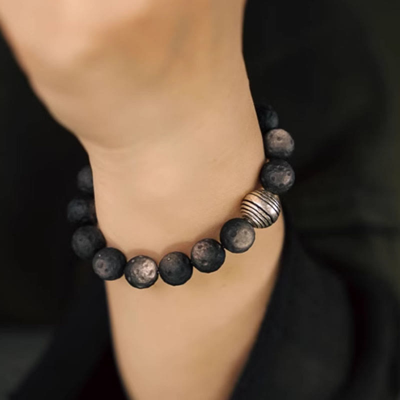 Braccialetto di protezione in meteorite lunare con ossidiana lucida in argento naturale Buddha Stones