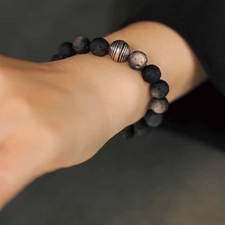 Braccialetto di protezione in meteorite lunare con ossidiana lucida in argento naturale Buddha Stones