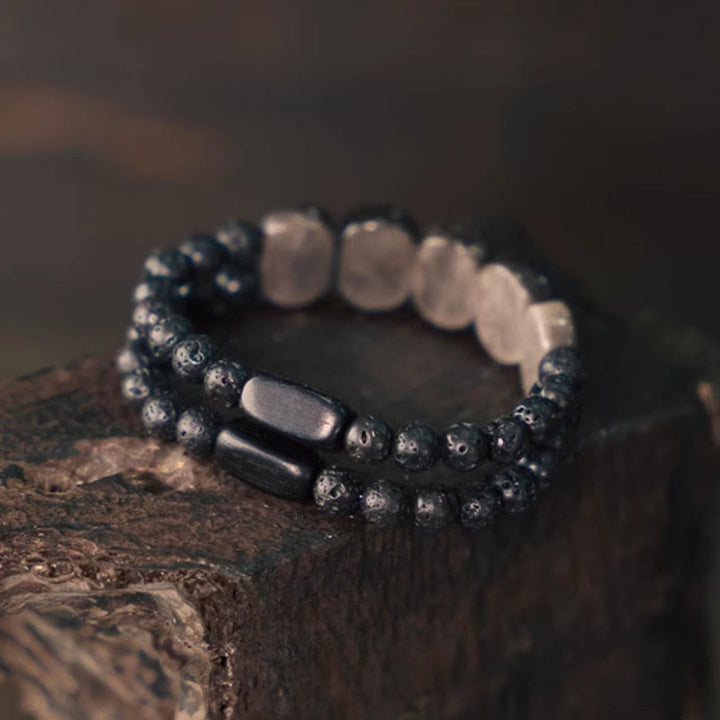 Braccialetto di comunicazione in pietra lavica con ossidiana e argento naturale Buddha Stones