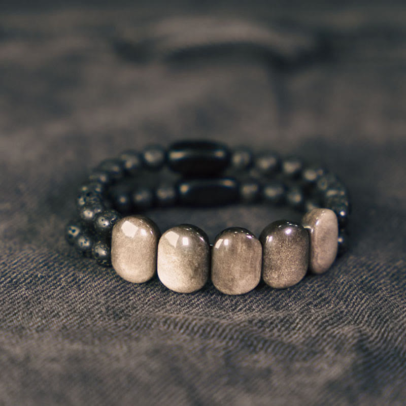 Braccialetto di comunicazione in pietra lavica con ossidiana e argento naturale Buddha Stones