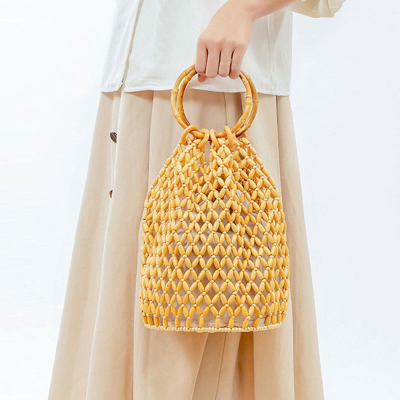 Borsa a tracolla con manico in bambù, perline di legno intrecciate a mano , Buddha Stones