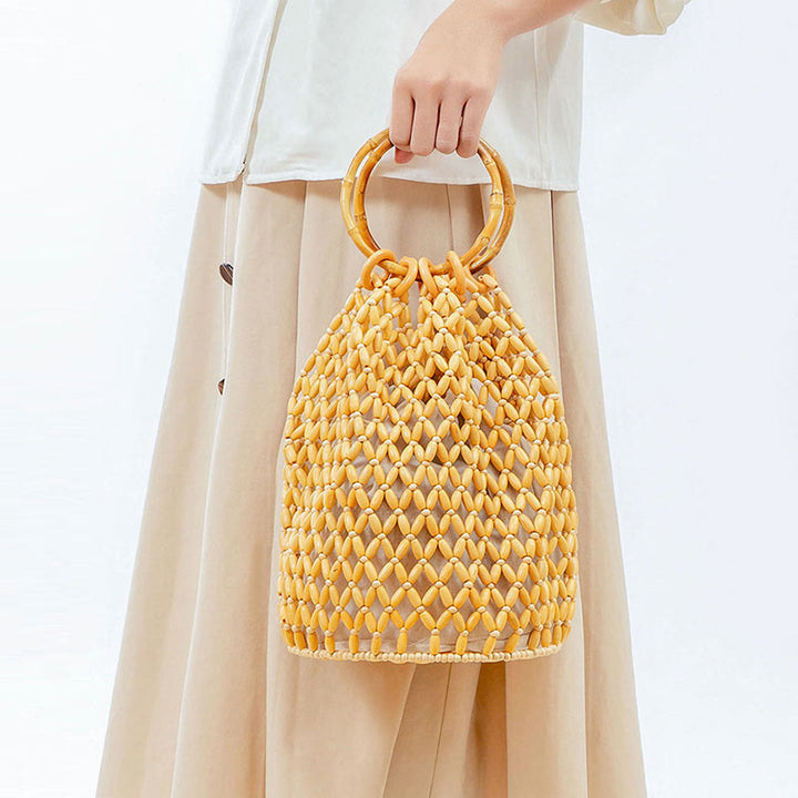 Borsa a tracolla con manico in bambù, perline di legno intrecciate a mano , Buddha Stones