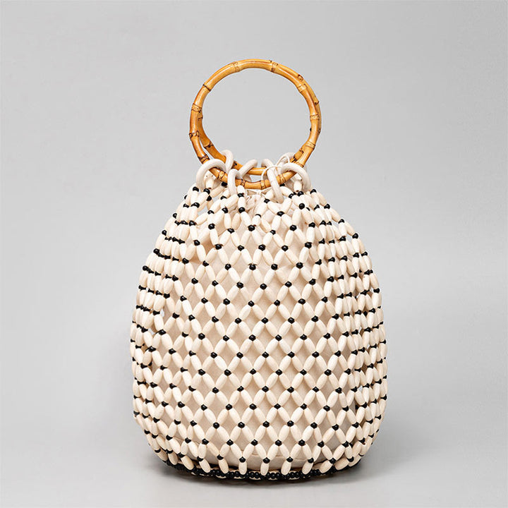 Borsa a tracolla con manico in bambù, perline di legno intrecciate a mano , Buddha Stones