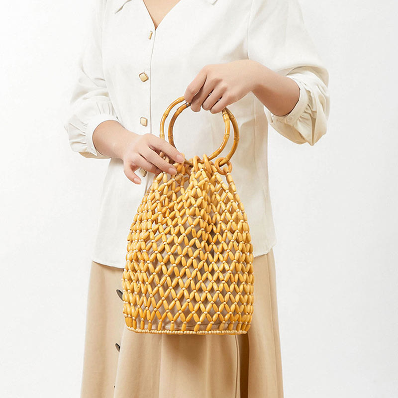 Borsa a tracolla con manico in bambù, perline di legno intrecciate a mano , Buddha Stones