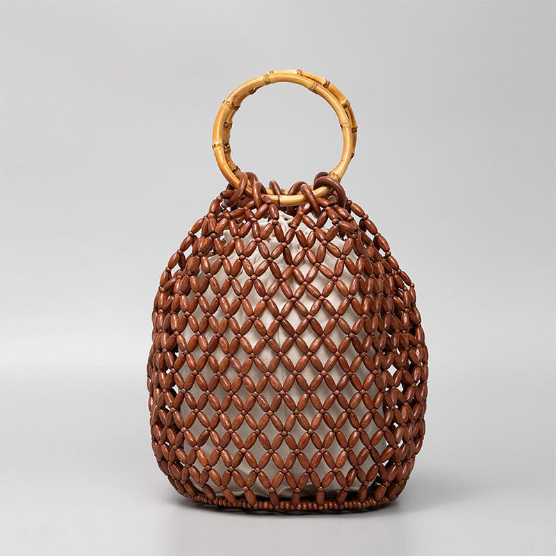 Borsa a tracolla con manico in bambù, perline di legno intrecciate a mano , Buddha Stones
