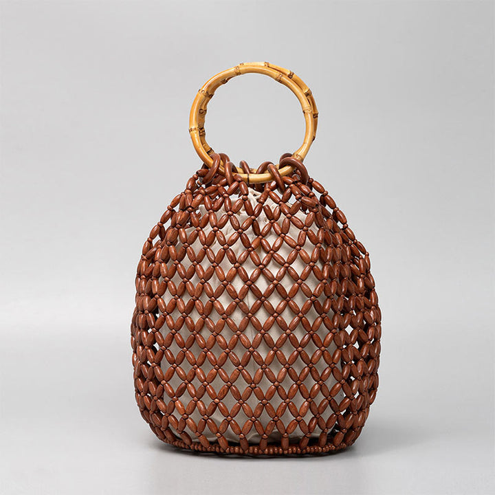 Borsa a tracolla con manico in bambù, perline di legno intrecciate a mano , Buddha Stones