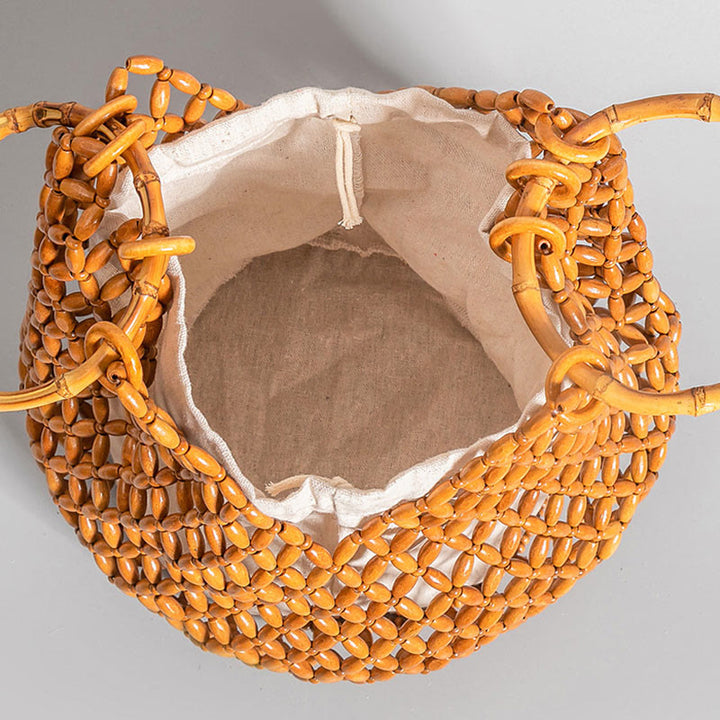 Borsa a tracolla con manico in bambù, perline di legno intrecciate a mano , Buddha Stones