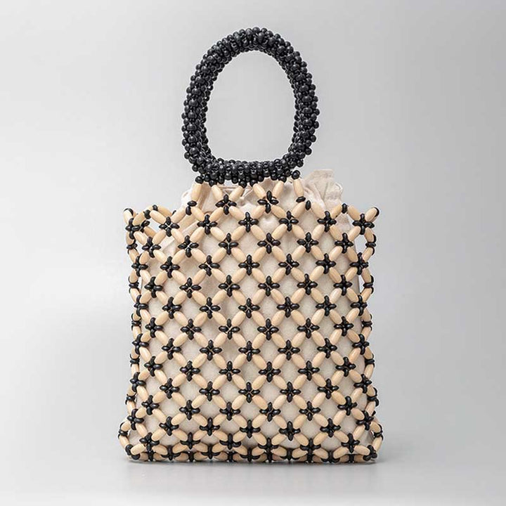 Buddha Stones Borsa a mano con perline di legno a losanga intrecciate a mano