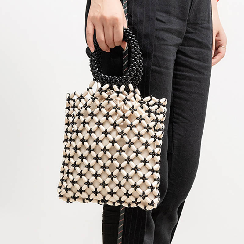 Buddha Stones Borsa a mano con perline di legno a losanga intrecciate a mano