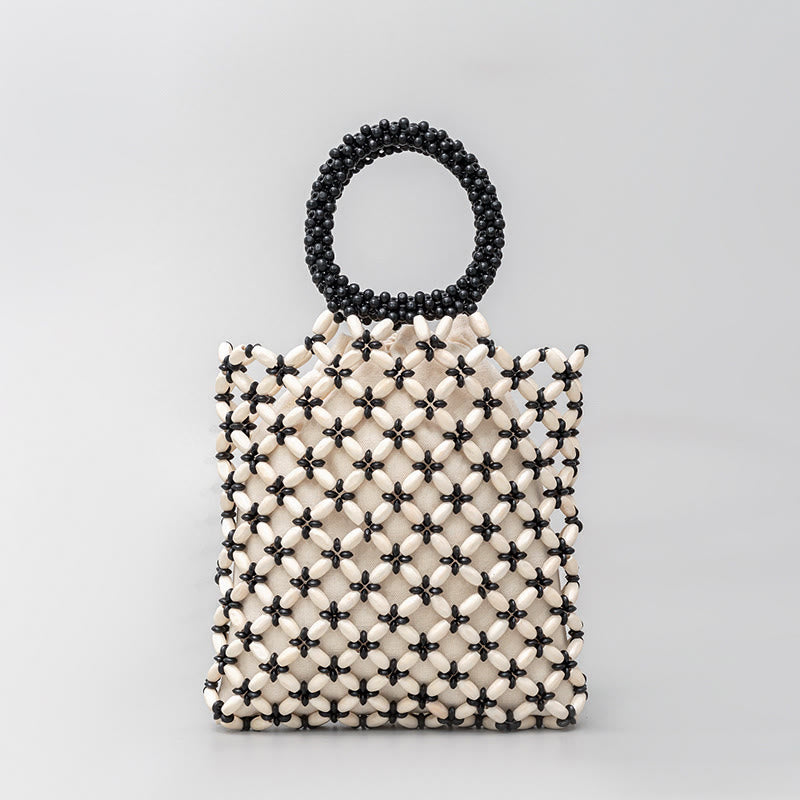 Buddha Stones Borsa a mano con perline di legno a losanga intrecciate a mano