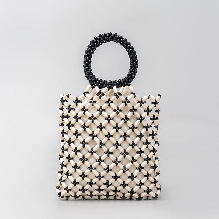 Buddha Stones Borsa a mano con perline di legno a losanga intrecciate a mano