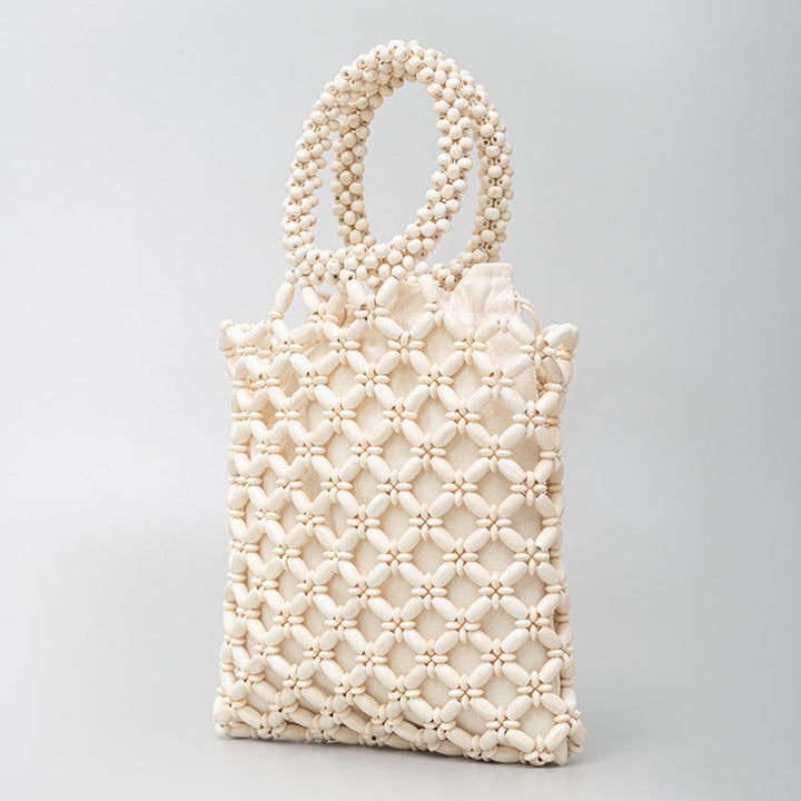 Buddha Stones Borsa a mano con perline di legno a losanga intrecciate a mano