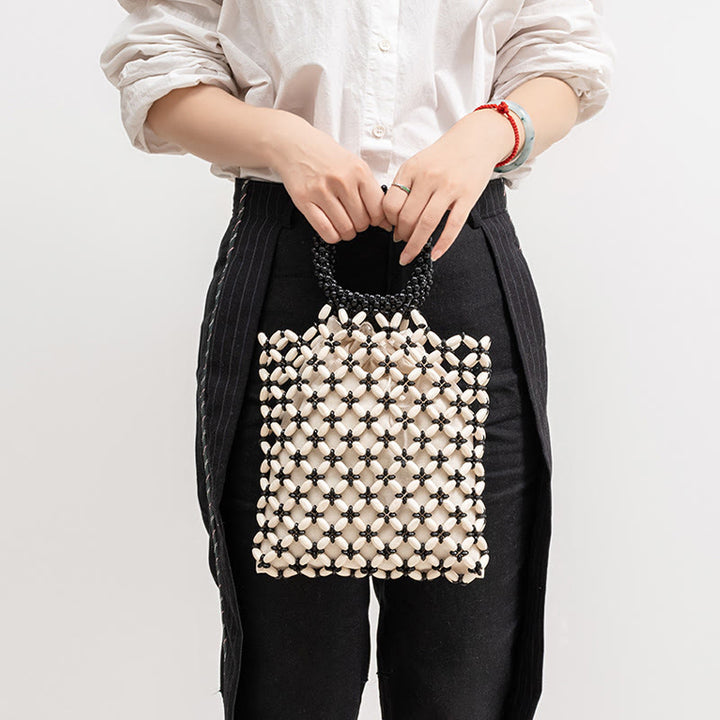 Buddha Stones Borsa a mano con perline di legno a losanga intrecciate a mano