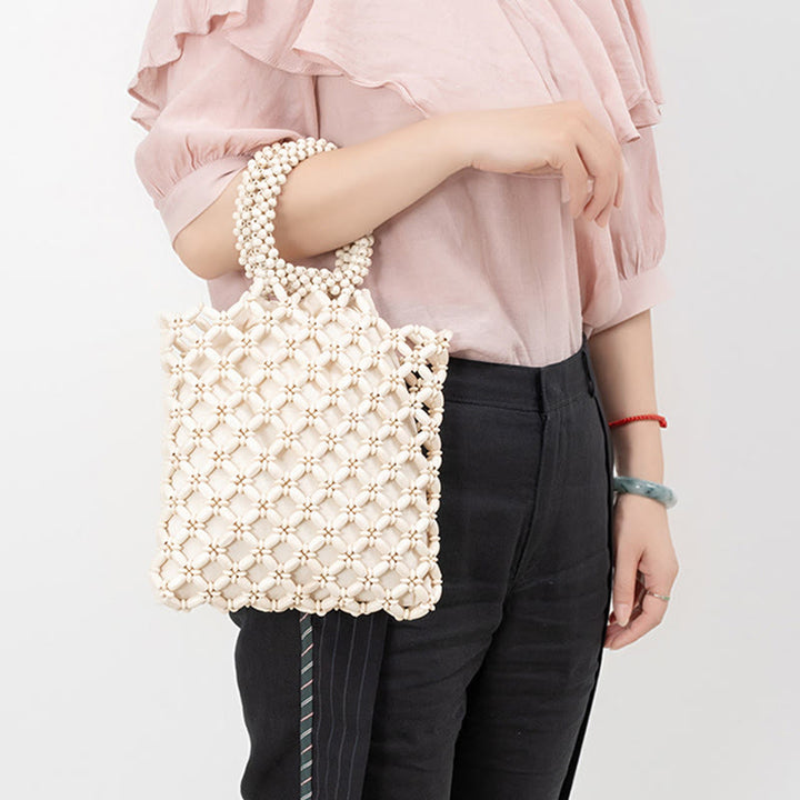 Buddha Stones Borsa a mano con perline di legno a losanga intrecciate a mano