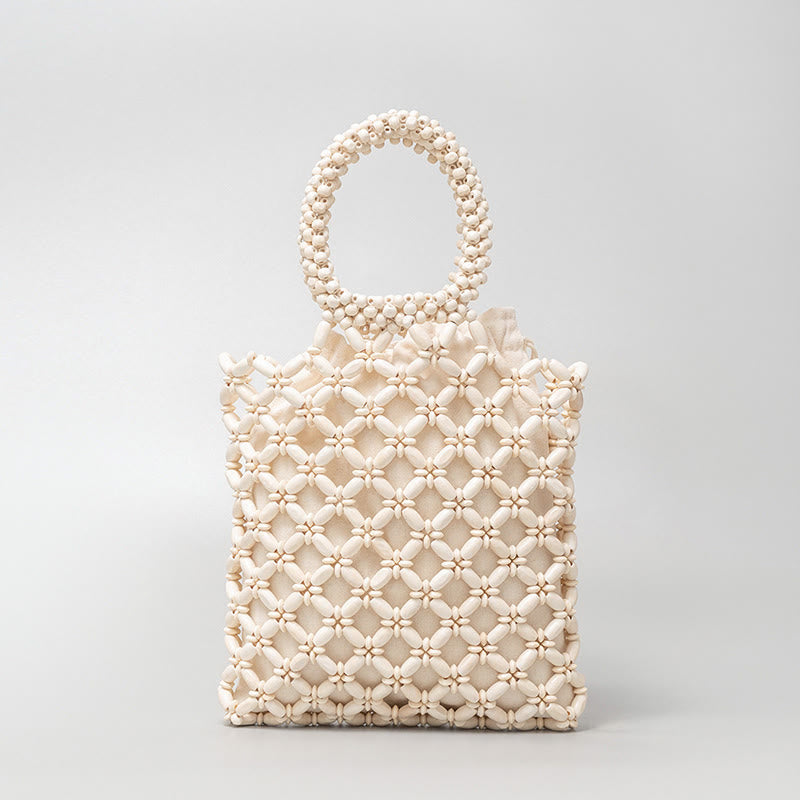 Buddha Stones Borsa a mano con perline di legno a losanga intrecciate a mano