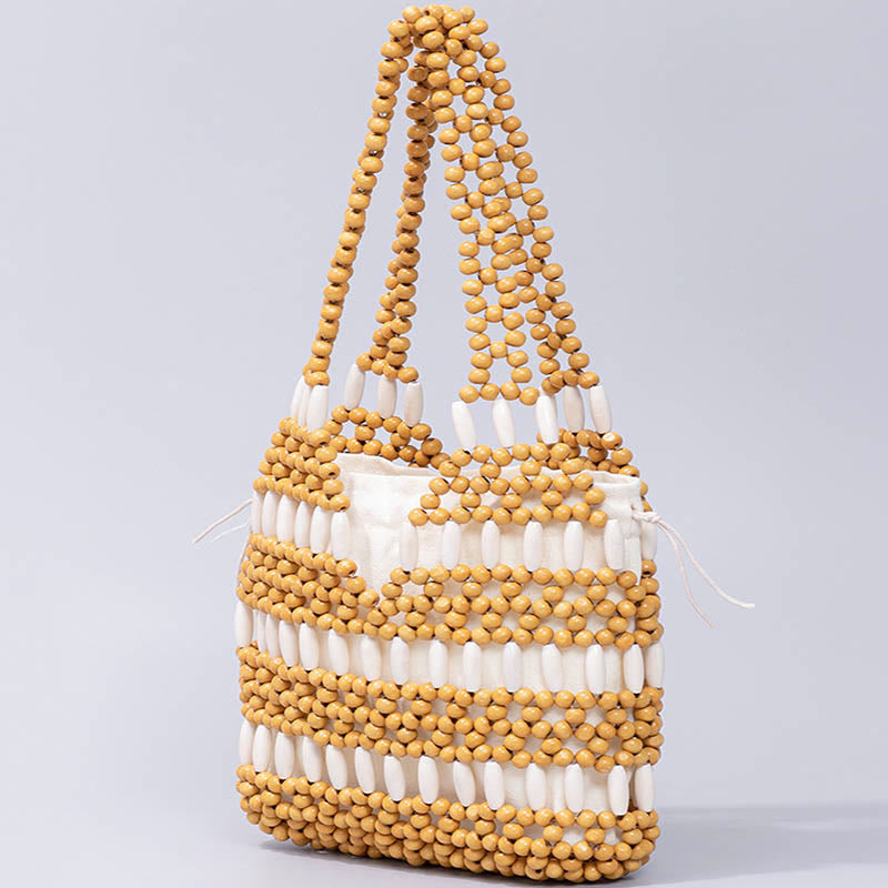 Borsa a tracolla con perline di legno rotonde intrecciate a mano Buddha Stones