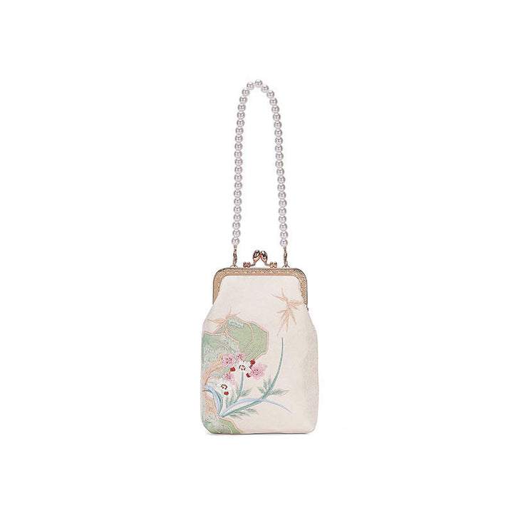 Borsa a tracolla con catena di perle e motivo a orchidea in pietra di montagna Buddha Stones