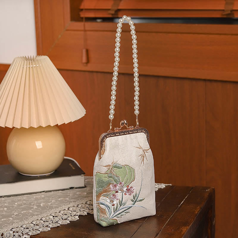 Borsa a tracolla con catena di perle e motivo a orchidea in pietra di montagna Buddha Stones