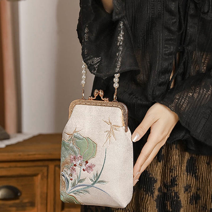 Borsa a tracolla con catena di perle e motivo a orchidea in pietra di montagna Buddha Stones