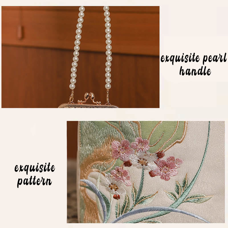 Borsa a tracolla con catena di perle e motivo a orchidea in pietra di montagna Buddha Stones
