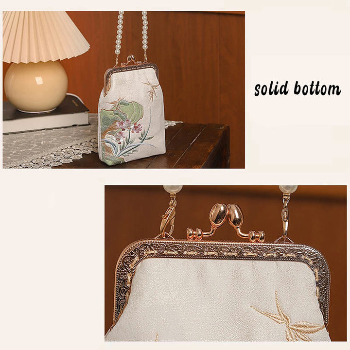 Borsa a tracolla con catena di perle e motivo a orchidea in pietra di montagna Buddha Stones