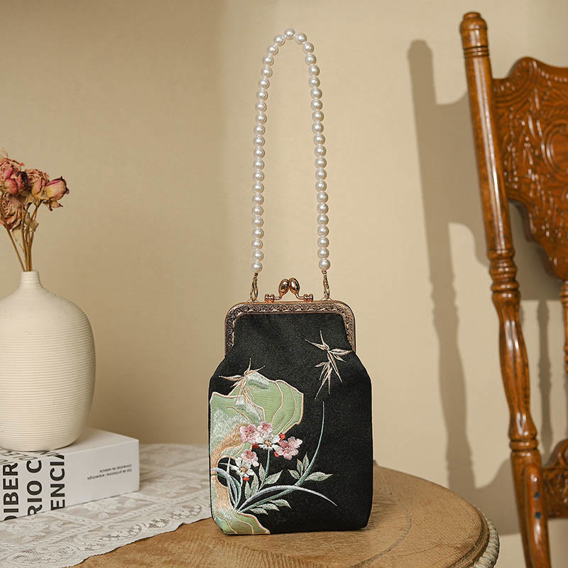 Borsa a tracolla con catena di perle e motivo a orchidea in pietra di montagna Buddha Stones