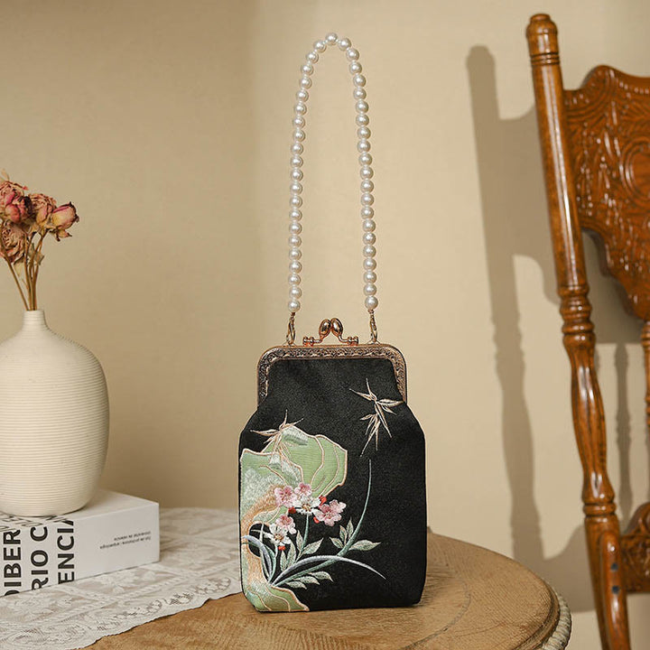 Borsa a tracolla con catena di perle e motivo a orchidea in pietra di montagna Buddha Stones