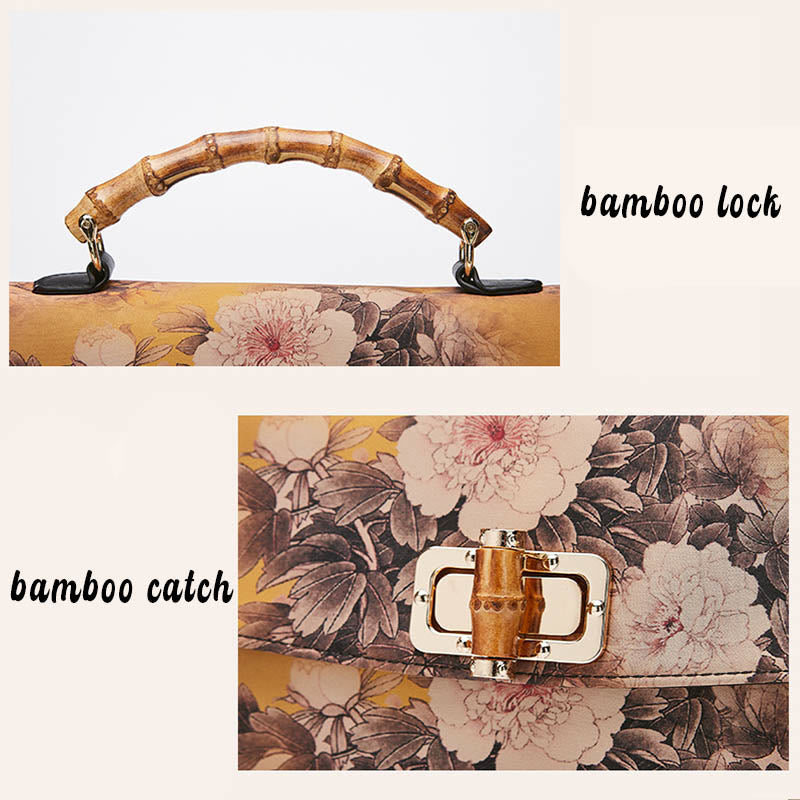 Borsa a tracolla con catena in metallo e manico in bambù, motivo floreale Buddha Stones
