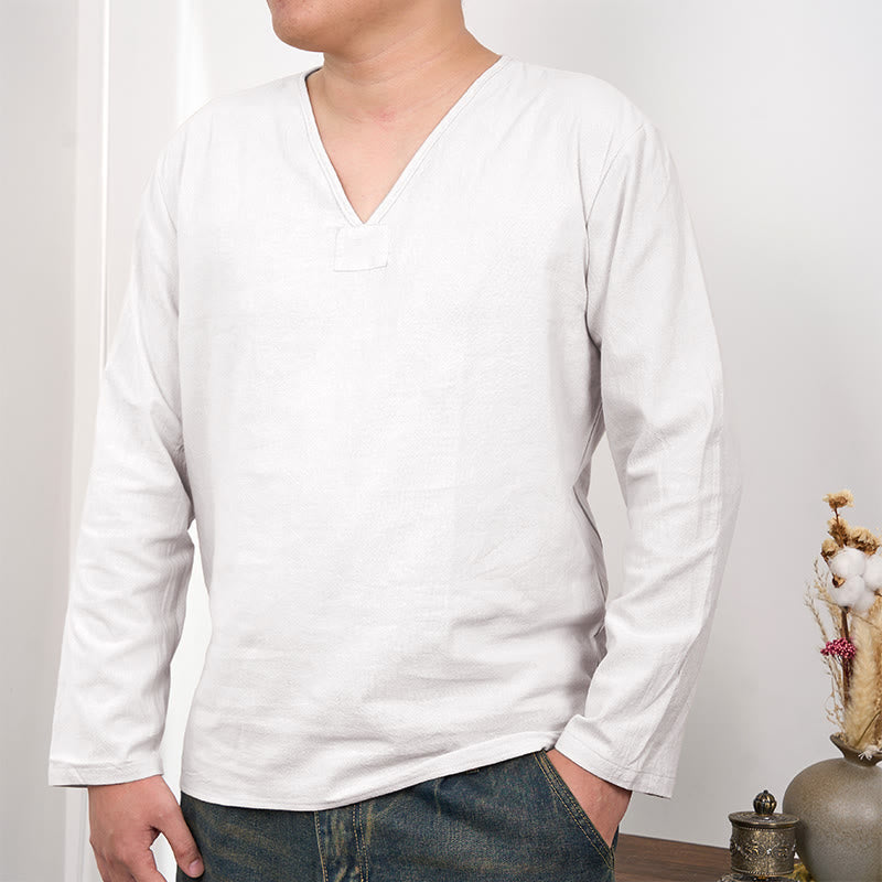 T-shirt da uomo in cotone e lino con scollo a V e maniche lunghe, tinta unita, motivo Buddha Stones - Bianco - US/UK/AU46, EU56 (3XL) - image 1