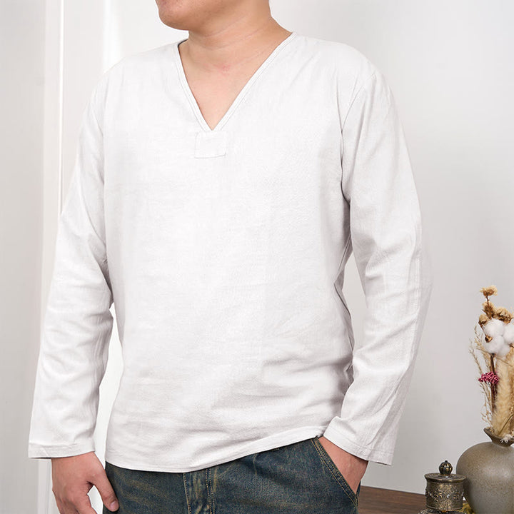 T-shirt da uomo in cotone e lino con scollo a V e maniche lunghe, tinta unita, motivo Buddha Stones - Bianco - US/UK/AU46, EU56 (3XL) - image 1