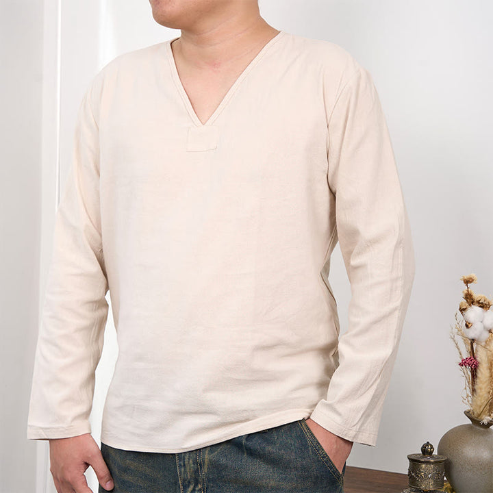 T-shirt da uomo in cotone e lino con scollo a V e maniche lunghe, tinta unita, motivo Buddha Stones