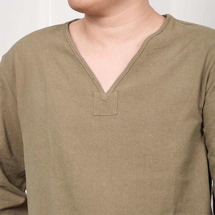 T-shirt da uomo in cotone e lino con scollo a V e maniche lunghe, tinta unita, motivo Buddha Stones