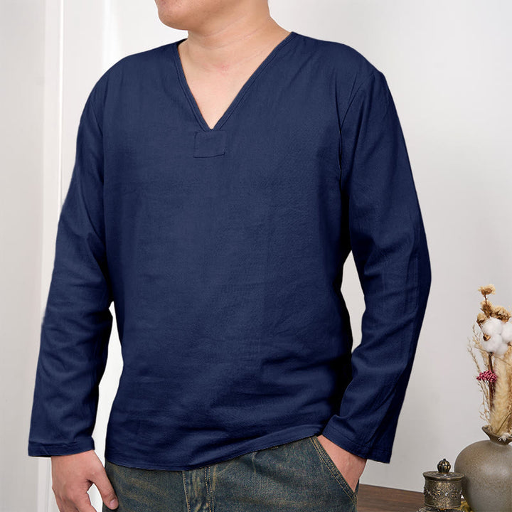 T-shirt da uomo in cotone e lino con scollo a V e maniche lunghe, tinta unita, motivo Buddha Stones