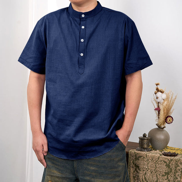 Camicia in cotone e lino con mezza abbottonatura e maniche corte tinta unita da uomo Buddha Stones