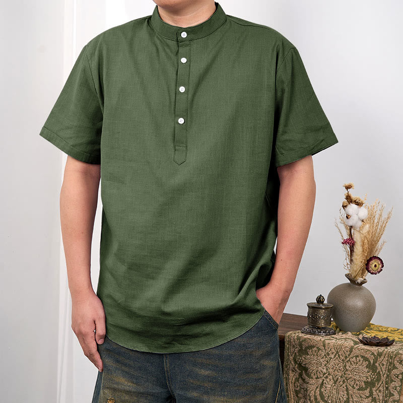 Camicia in cotone e lino con mezza abbottonatura e maniche corte tinta unita da uomo Buddha Stones