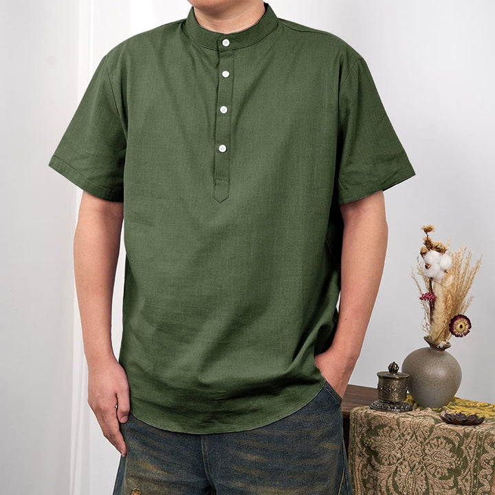 Camicia in cotone e lino con mezza abbottonatura e maniche corte tinta unita da uomo Buddha Stones