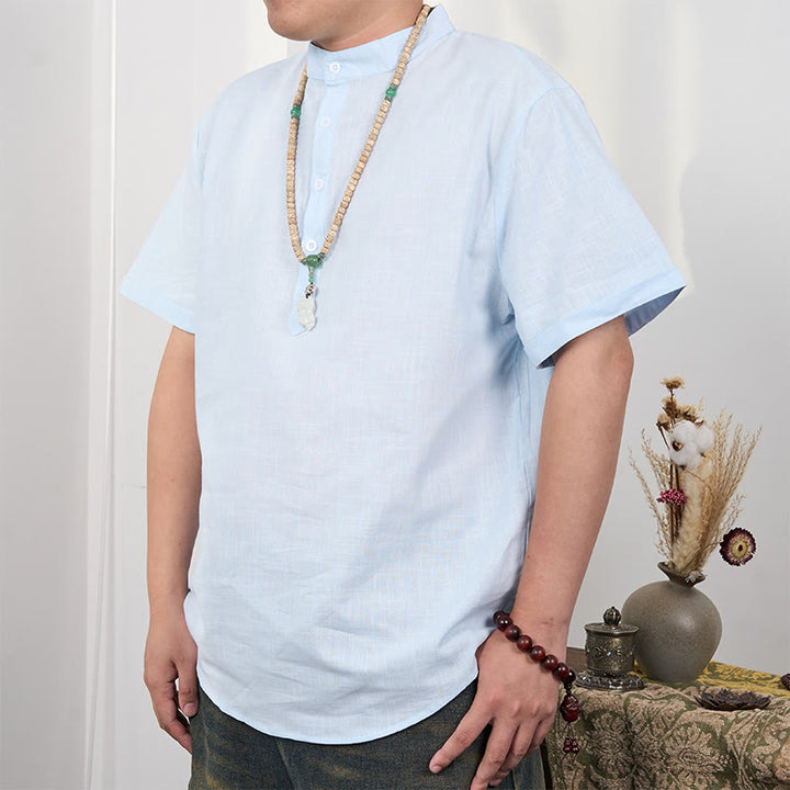 Camicia in cotone e lino con mezza abbottonatura e maniche corte tinta unita da uomo Buddha Stones
