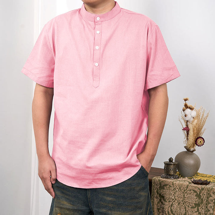 Camicia in cotone e lino con mezza abbottonatura e maniche corte tinta unita da uomo Buddha Stones