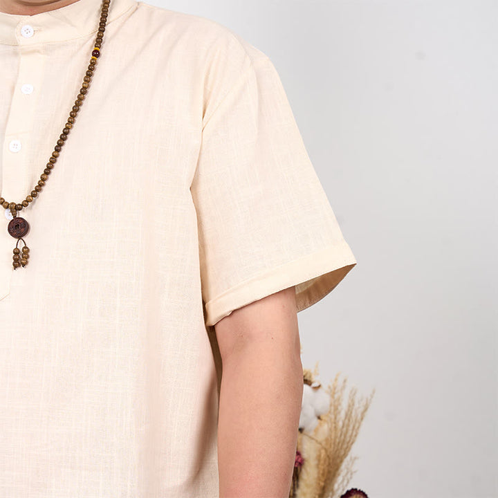 Camicia in cotone e lino con mezza abbottonatura e maniche corte tinta unita da uomo Buddha Stones