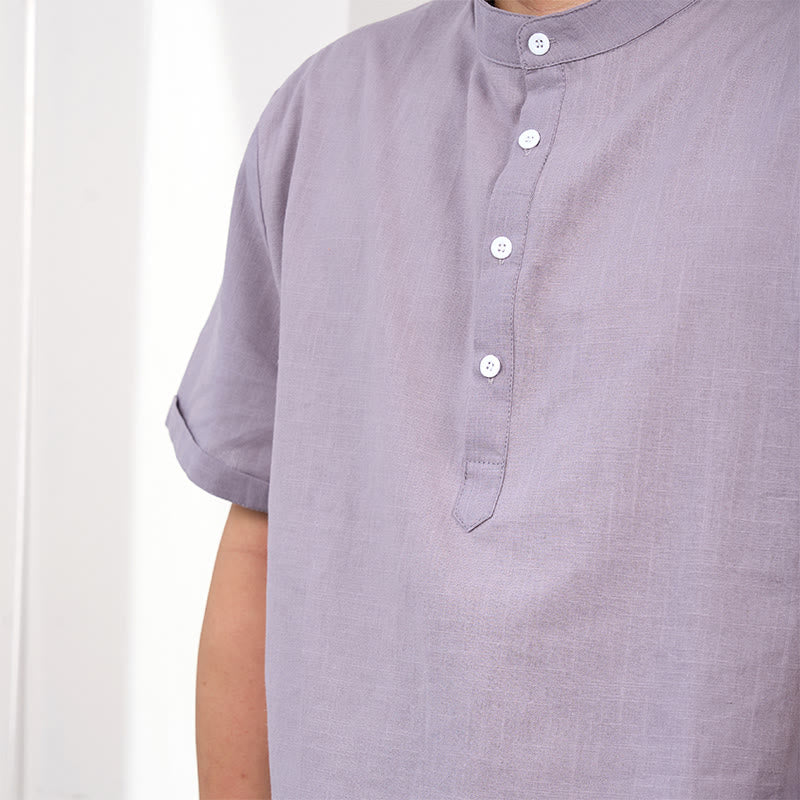 Camicia in cotone e lino con mezza abbottonatura e maniche corte tinta unita da uomo Buddha Stones
