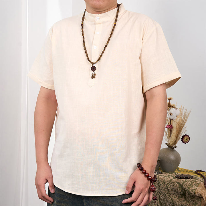 Camicia in cotone e lino con mezza abbottonatura e maniche corte tinta unita da uomo Buddha Stones