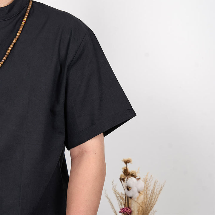 Camicia in cotone e lino con mezza abbottonatura e maniche corte tinta unita da uomo Buddha Stones